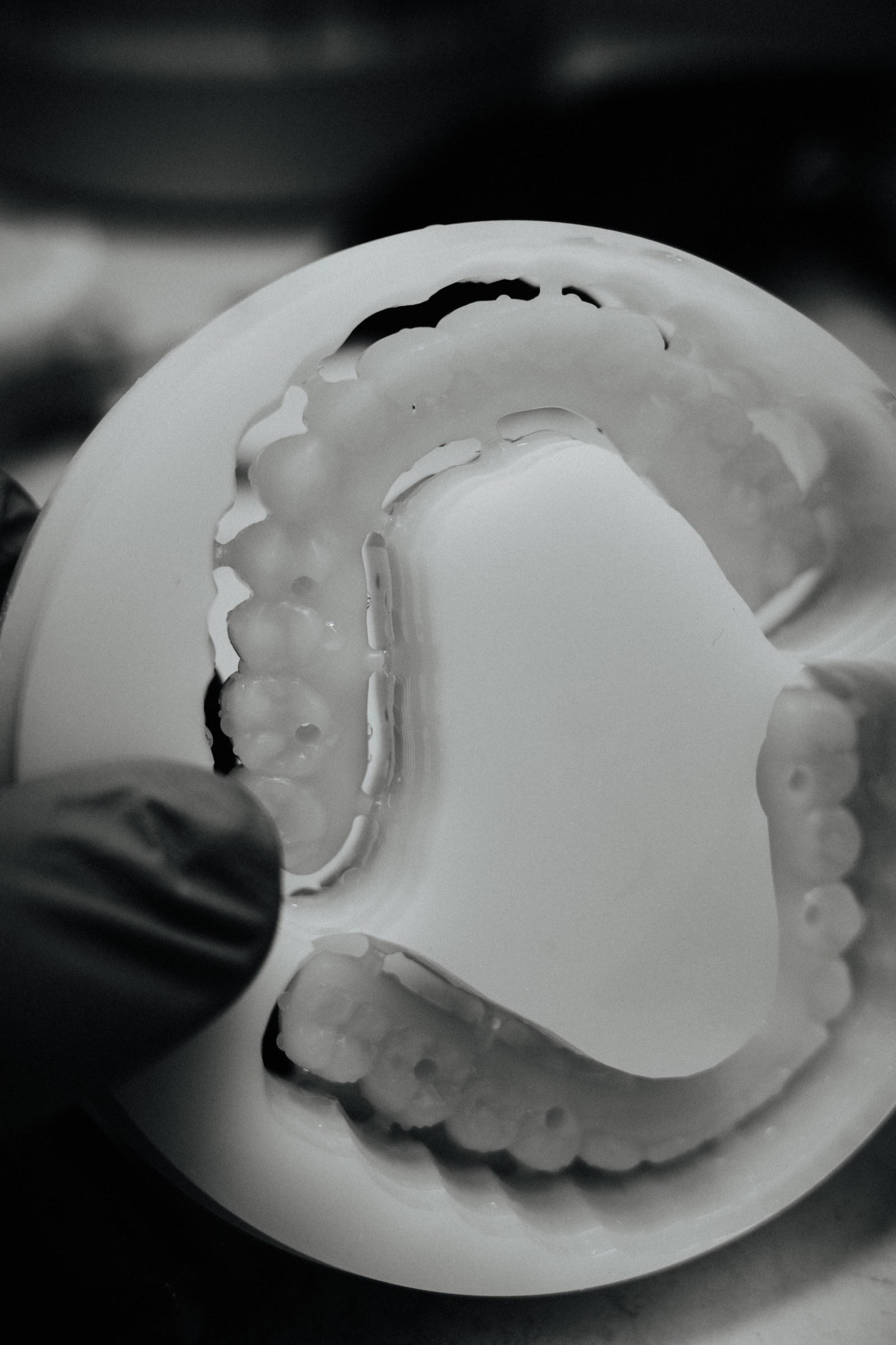 Milled full-arch PMMA try-in still in the disc, viewed from above