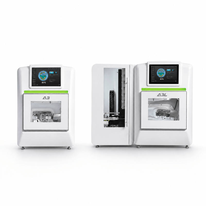 ARUM A3 and A3L benchtop mills shown front-on against white
