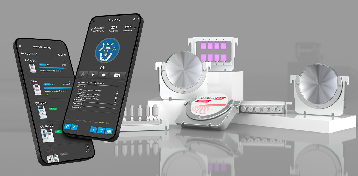 ARUM Connect app on two phones showing live A5 Pro milling progress, beside disc and premill cartridges