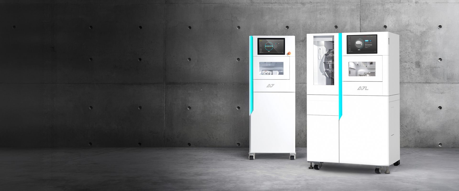 ARUM A7 and A7L milling machines side by side against a concrete wall